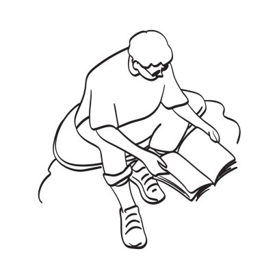 Gözlüklü, kitap okuyan, beyaz arkaplana izole edilmiş vektör elli adam.