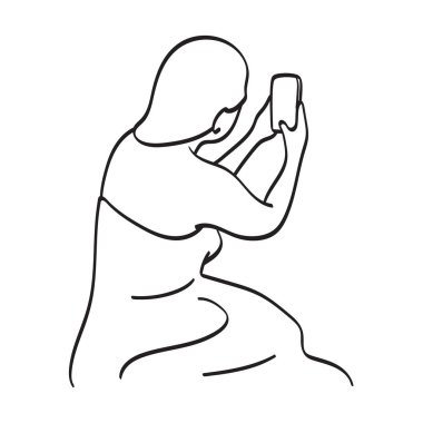 Beyaz arkaplana izole edilmiş akıllı telefon çizim vektör eliyle fotoğraf çeken kadın