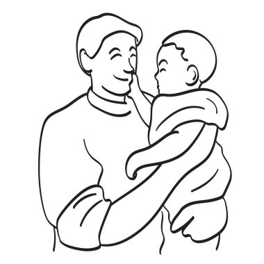 Beyaz arka planda izole bir şekilde çizilmiş bebek çizim vektör elini tutan bekar babanın yarı uzunluğu