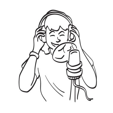 Beyaz arka planda izole edilmiş bir şekilde çizilmiş bir kayıt stüdyosundaki genç kız şarkıcı.