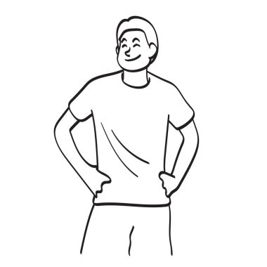 Kolları akimbo illüstrasyon vektör eli olan yarı vücut adam beyaz arka planda izole çizilmiş. 