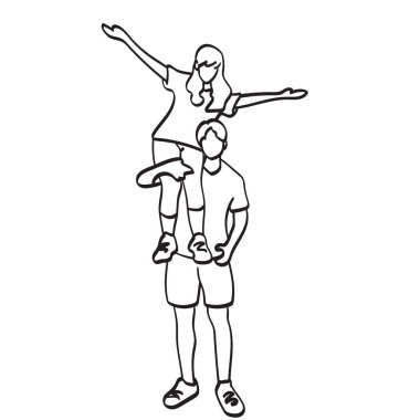 Kadın erkek arkadaşının omzunda oturan beyaz arka planda izole edilmiş çizim vektör eli.