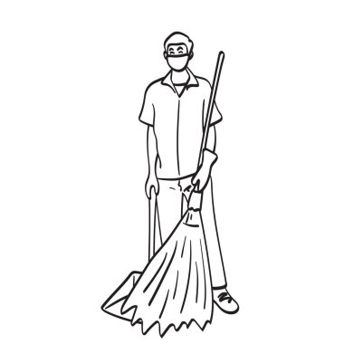 Beyaz arkaplana izole edilmiş süpürge ve faraş çizim vektör eli ile tam boy oda bakımı erkek çalışanı