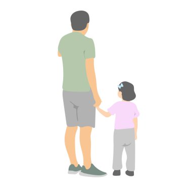 Baba kızının elini tutuyor ve beyaz arka planda izole edilmiş illüstrasyon vektörünü birleştiriyor. 