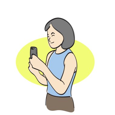 Beyaz arkaplana izole edilmiş akıllı telefon çizim vektör elini kullanan bir kadının yarı uzunluğu