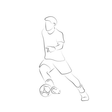 Beyazların arka planında izole edilmiş siyah çizgilerle çizilmiş saha illüstrasyon vektör eli olan profesyonel futbolcu