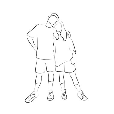 Kadın ve erkek, beyaz arkaplanda siyah çizgiler çizerek birlikte duran çizim vektör eli.