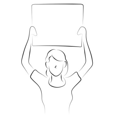 Beyaz arkaplanda siyah çizgiler çizilmiş boş tahta çizim vektör eli tutan kadın.