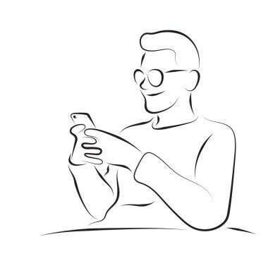 Gözlüklü adam beyaz arkaplanda siyah çizgiler çizilmiş akıllı telefon illüstrasyon vektör elini kullanıyor..