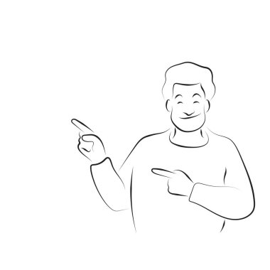 Gülümseyen adamın yarı uzunluğunda, beyaz arkaplanda izole edilmiş siyah çizgiler çizilmiş iki el ve parmak çizim vektör eli..