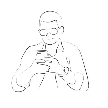 Kısa saçlı, gözlüklü bir adam akıllı telefon çizim vektör eli kullanıyor ve beyaz arkaplanda siyah çizgiler çiziyor..
