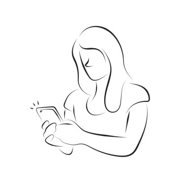 Beyaz arka planda izole edilmiş siyah çizgilerle çizilmiş cep telefonu çizim vektör elini kullanan bir kadının yarı uzunluğu.