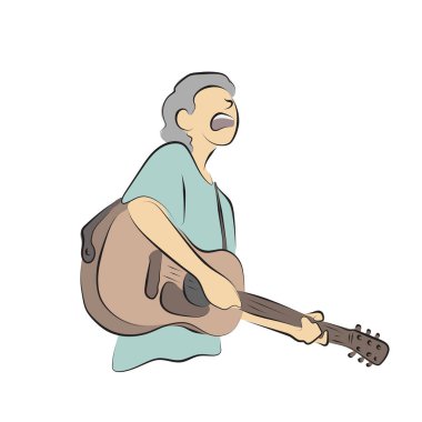 Genç adam akustik gitar çalıyor ve beyaz arkaplanda siyah çizgiler çizilmiş şarkı söyleyen bir vektör el çiziyor..