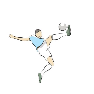Erkek futbolcu beyaz zemin üzerinde siyah çizgiler çizilmiş top resimleme vektör eli için atlıyor.