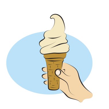 Yakın plan bir dondurma külahı illüstrasyon vektör eli tutuyor ve beyaz arkaplanda siyah çizgiler çiziyor..