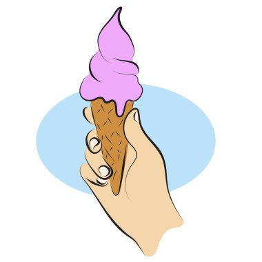 Yakın plan sağ el çilekli dondurma külahı çizim vektör el beyaz arka plan izole siyah çizgiler ile çizilmiş.