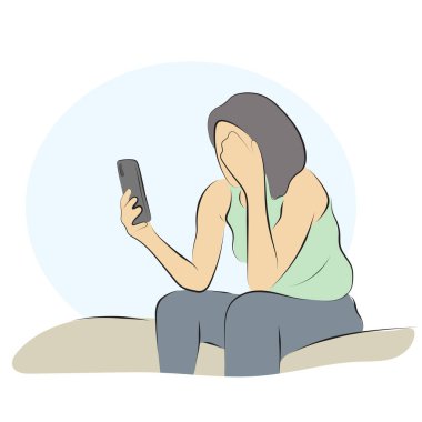 Üzüntü illülük illüstrasyon vektör eli ile cep telefonu tutan kadın beyaz arkaplanda siyah çizgiler çiziyor..