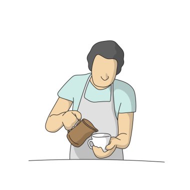 Erkek barista, beyaz arka planda siyah çizgilerle çizilmiş fincan illüstrasyon vektör eline kahve dolduruyor..