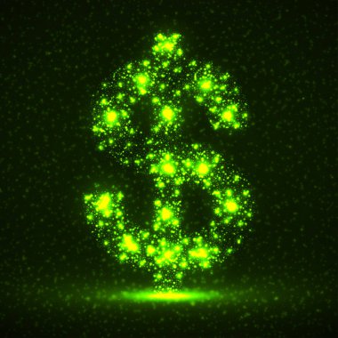 Parlayan parçacıkların soyut dolar işareti. Neon finansal sembolü. İzole vektör illüstrasyonu