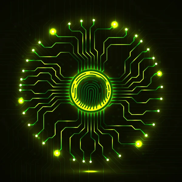 Absztrakt Neon Jel Ujjlenyomat Áramköri Kártyával Technológiai Koncepció Vektorillusztráció — Stock Vector