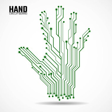Devre kartının soyut eli, teknoloji konsepti. Vektör illüstrasyonu