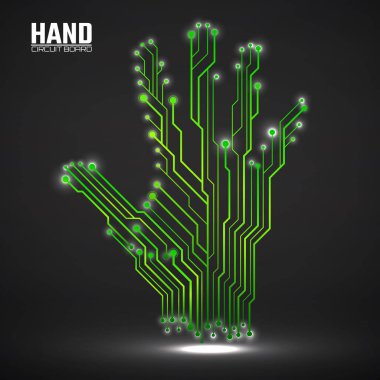 Devre kartının soyut neon eli, parlayan teknoloji konsepti. Vektör illüstrasyonu