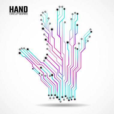 Devre kartının soyut eli, teknoloji konsepti. Vektör illüstrasyonu