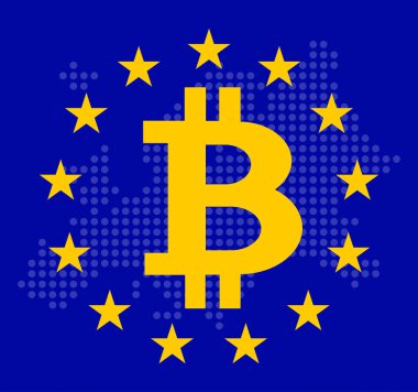 İçinde Bitcoin sembolü olan Avrupa bayrağı. Avrupa şeffaf haritası