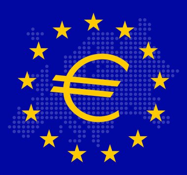 Flag of Europe with Euro symbol inside. Europe transparent map
