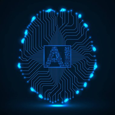 Yapay Zeka ile soyut teknolojik beyin. Neon devre kartı beyni. Vektör
