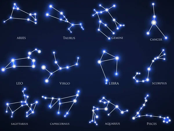 Conjunto Constelaciones Zodiacales Placa Circuito Estilo Horóscopo Conjunto Aries Leo — Vector de stock