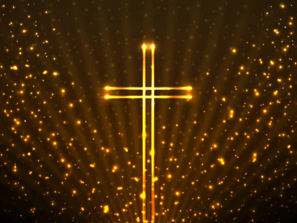 背景のキラキラした粒子と輝く光線の上にクリスチャンクロスを成長させます 宗教的シンボル 魔法の背景 — ストックベクタ