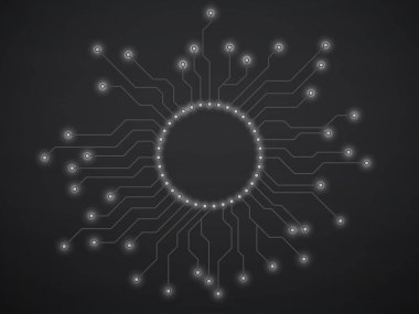 Teknoloji devre kartı ile soyut bir arka plan. Anakart daire şeklinde. İşlemci için vektör yuvası