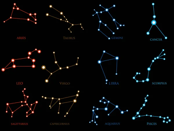 Ensemble Constellations Zodiacales Circuit Imprimé Style Horoscope Bélier Léon Sagittaire — Image vectorielle
