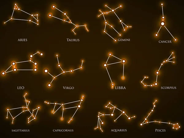 Conjunto Constelaciones Zodiacales Placa Circuito Estilo Juego Horóscopos Aries Leo — Archivo Imágenes Vectoriales