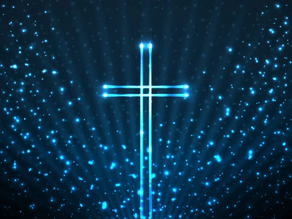 Glödande Kristet Kors Bakgrund Glitter Partiklar Och Glödande Strålar Religiös — Stock vektor