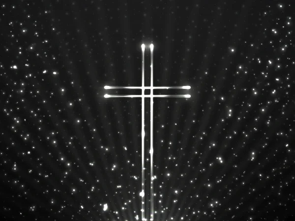 Glödande Kristet Kors Bakgrund Glitter Partiklar Och Glödande Strålar Religiös — Stock vektor