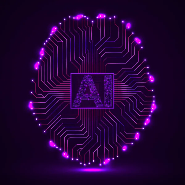 Abstract Technologisch Brein Met Kunstmatige Intelligentie Neon Printplaat Hersenen Technologieconcept — Stockvector