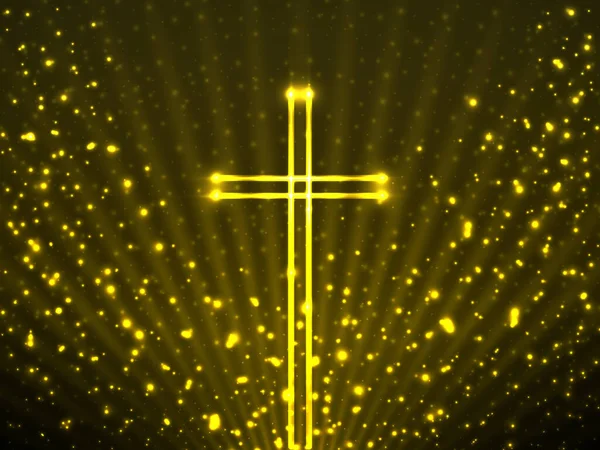 Cruz Cristiana Brillante Sobre Partículas Brillo Fondo Rayos Brillantes Símbolo — Vector de stock