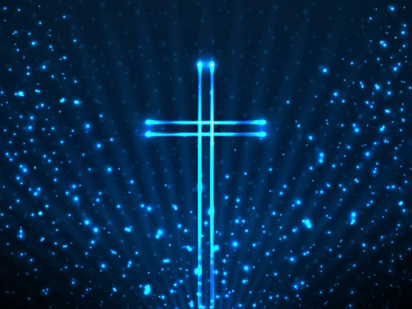Croce Cristiana Incandescente Particelle Scintillanti Sfondo Raggi Incandescenti Simbolo Religioso — Vettoriale Stock
