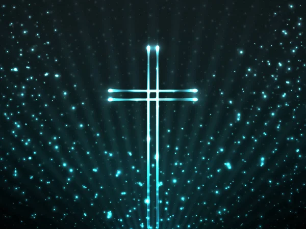 Glühendes Christliches Kreuz Auf Dem Hintergrund Glitzern Partikel Und Glühende — Stockvektor
