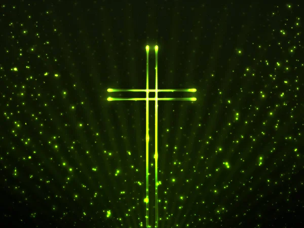Cruz Cristiana Brillante Sobre Partículas Brillo Fondo Rayos Brillantes Símbolo — Vector de stock