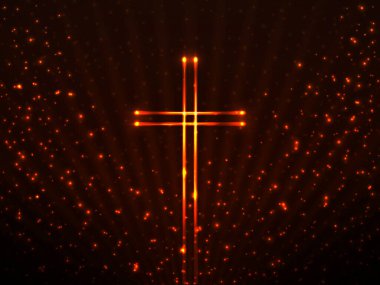 Arka planda ışıldayan parçacıklar ve ışıldayan ışınlar üzerinde parlayan Hıristiyan haçı. Dini sembol. Sihirli zemin