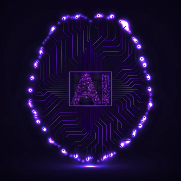 Abstract Technologisch Brein Met Kunstmatige Intelligentie Neon Printplaat Hersenen Technologieconcept — Stockvector