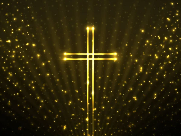 背景のキラキラした粒子と輝く光線の上にクリスチャンクロスを成長させます 宗教的シンボル 魔法の背景 — ストックベクタ