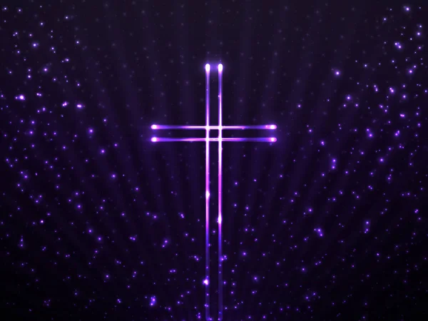 Croix Chrétienne Rayonnante Sur Fond Particules Scintillantes Rayons Lumineux Symbole — Image vectorielle
