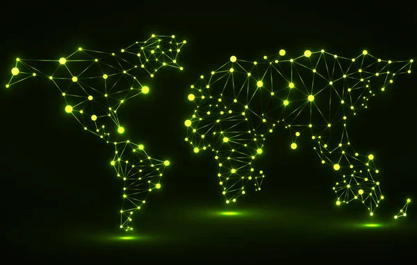 技术多边形世界地图 具有发光点和线 网络连接的全球地图图 — 图库矢量图片