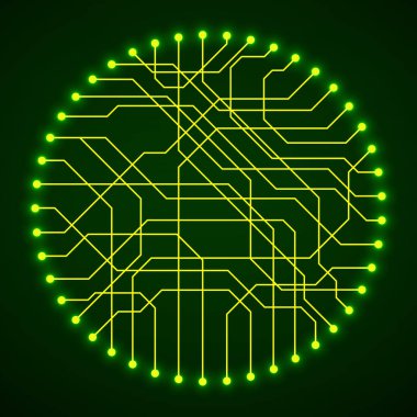 Çemberdeki soyut neon devre levhası. Teknoloji geçmişi. Vektör illüstrasyonu