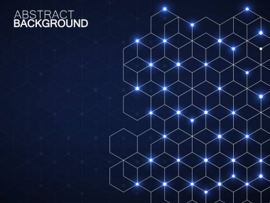 Parlayan küpler ile soyut geometrik arka plan. Neon çizgileri ve noktaları ile geometrik kavram