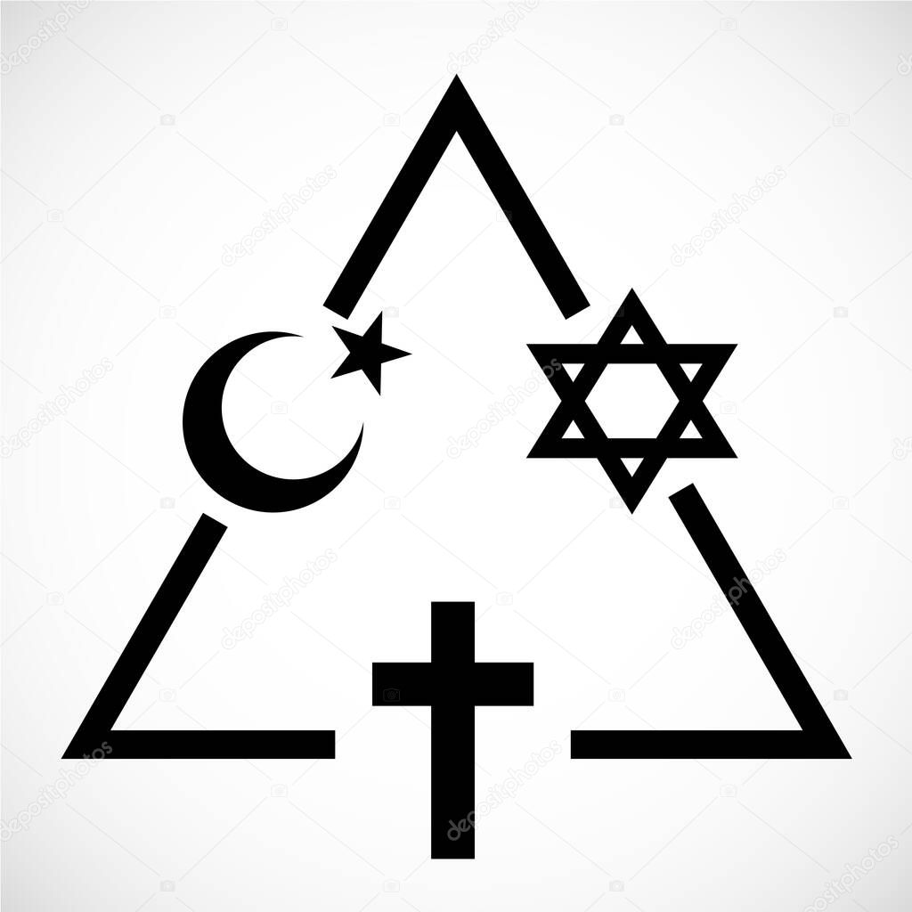 Religious signs united in triangle: Islam, Christianity, Judaism. Symbol of world religions